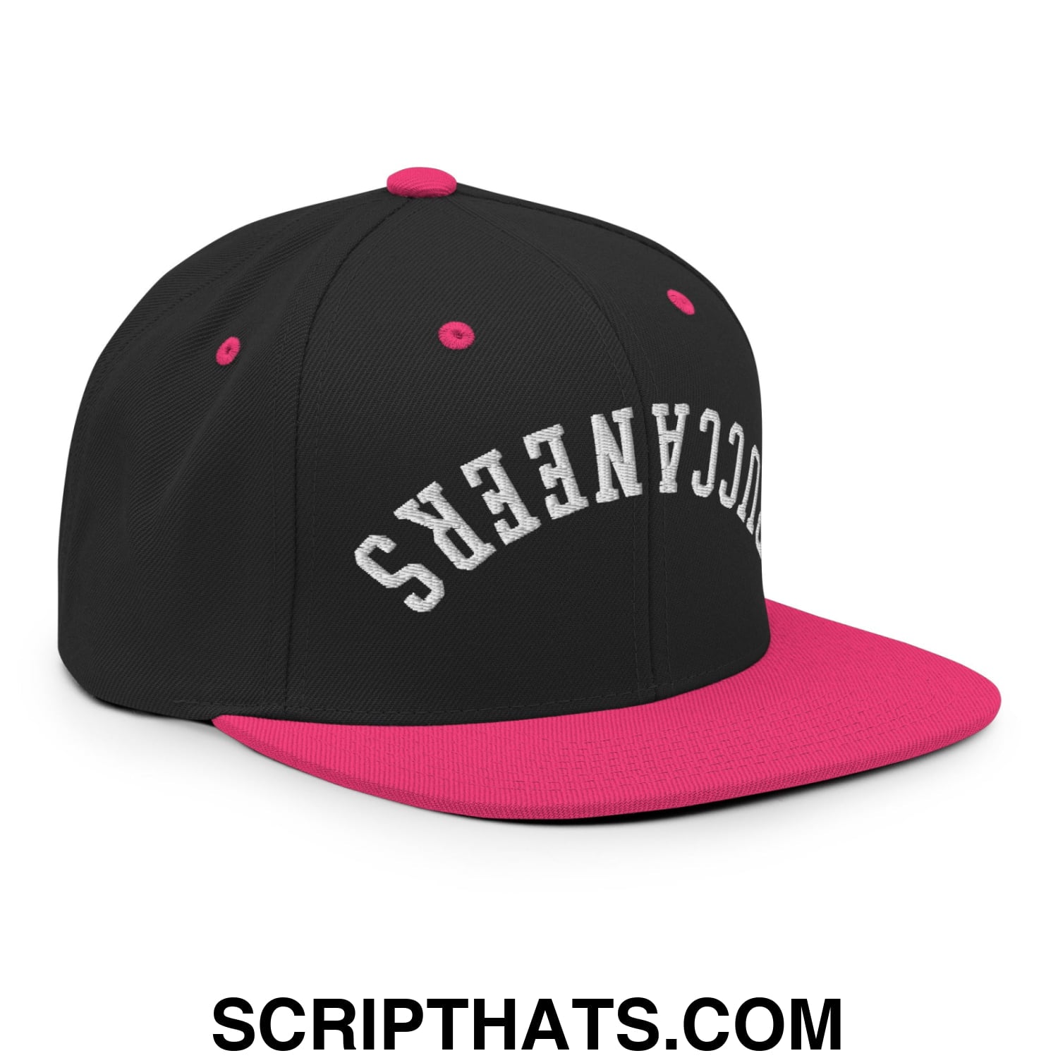 Black and pink snapback cap with upside down Buccaneers embroidered in white flat bill brim design