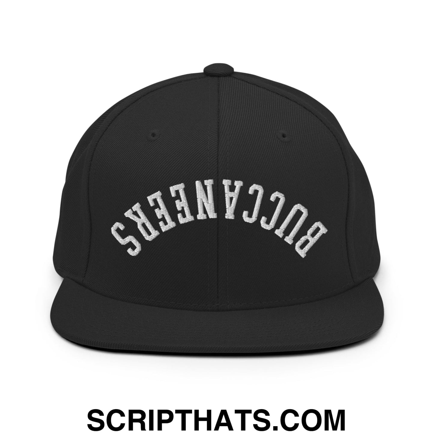 Black snapback cap with white embroidered buccaneers lettering in arched design and flat bill brim