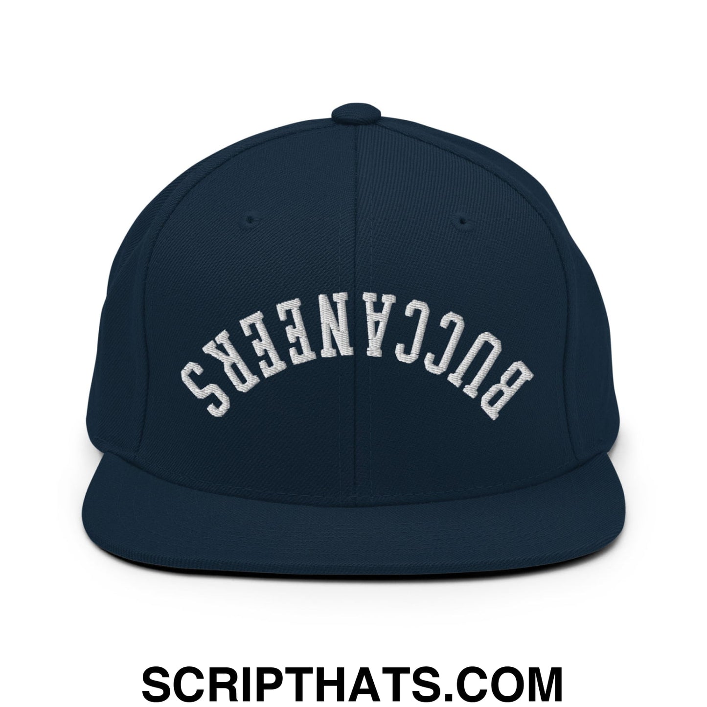 Navy blue snapback hat with white embroidered buccaneers arch and flat bill brim in upside down style
