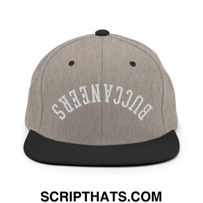 Gray and black snapback hat with upside down buccaneers embroidered in white flat bill brim design