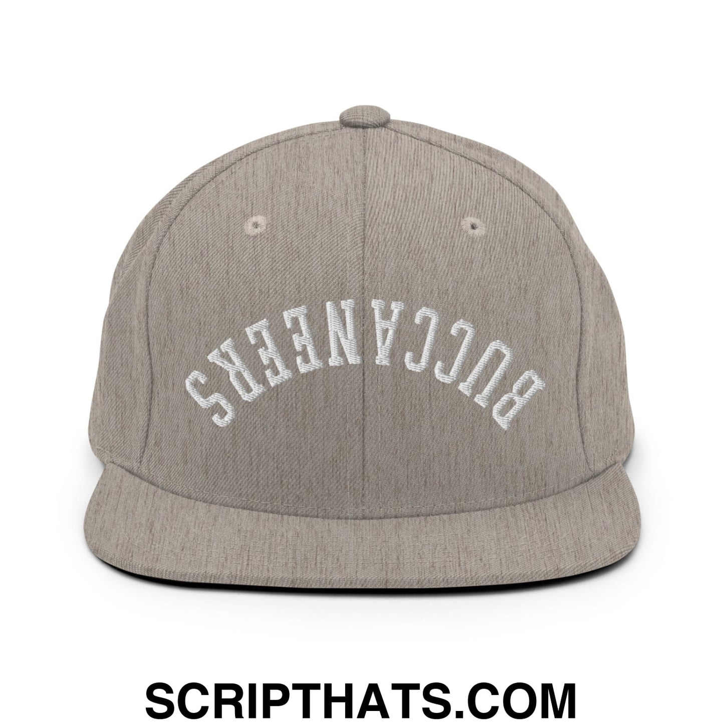 Gray heathered snapback cap with white embroidered buccaneers lettering and flat bill brim