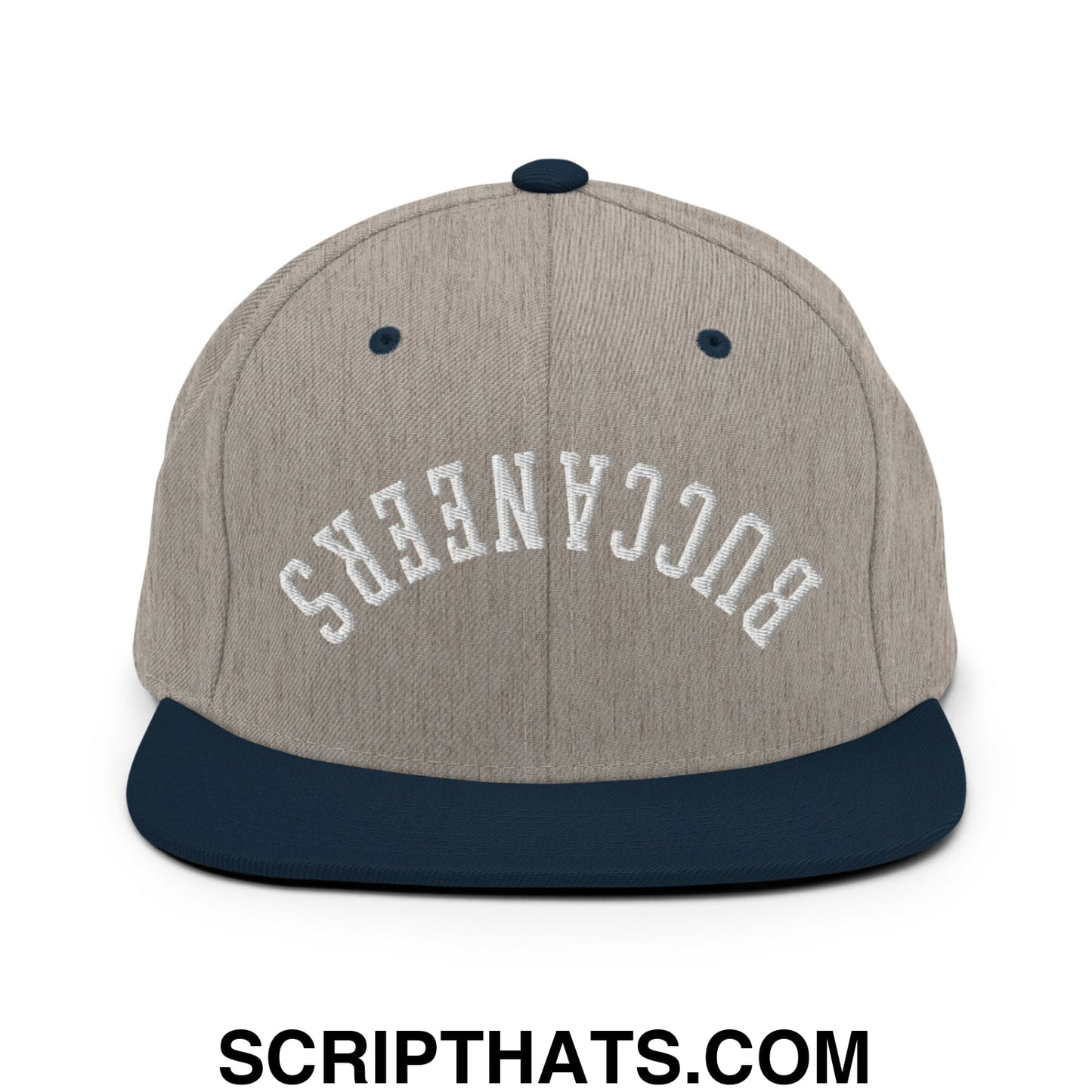 Gray and navy blue snapback cap with white buccaneers embroidered in arched lettering and a flat bill brim