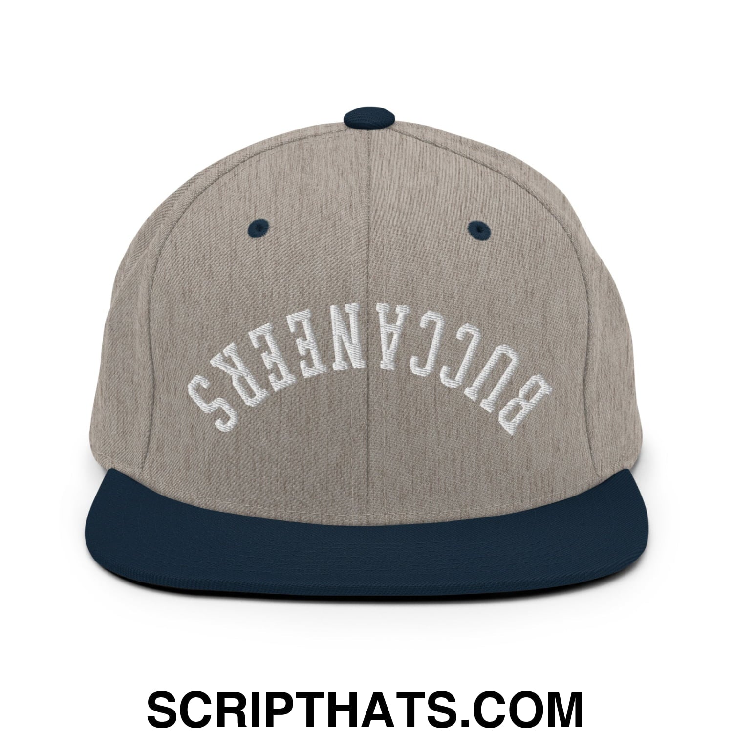 Gray and navy blue snapback cap with white buccaneers embroidered in arched lettering and a flat bill brim
