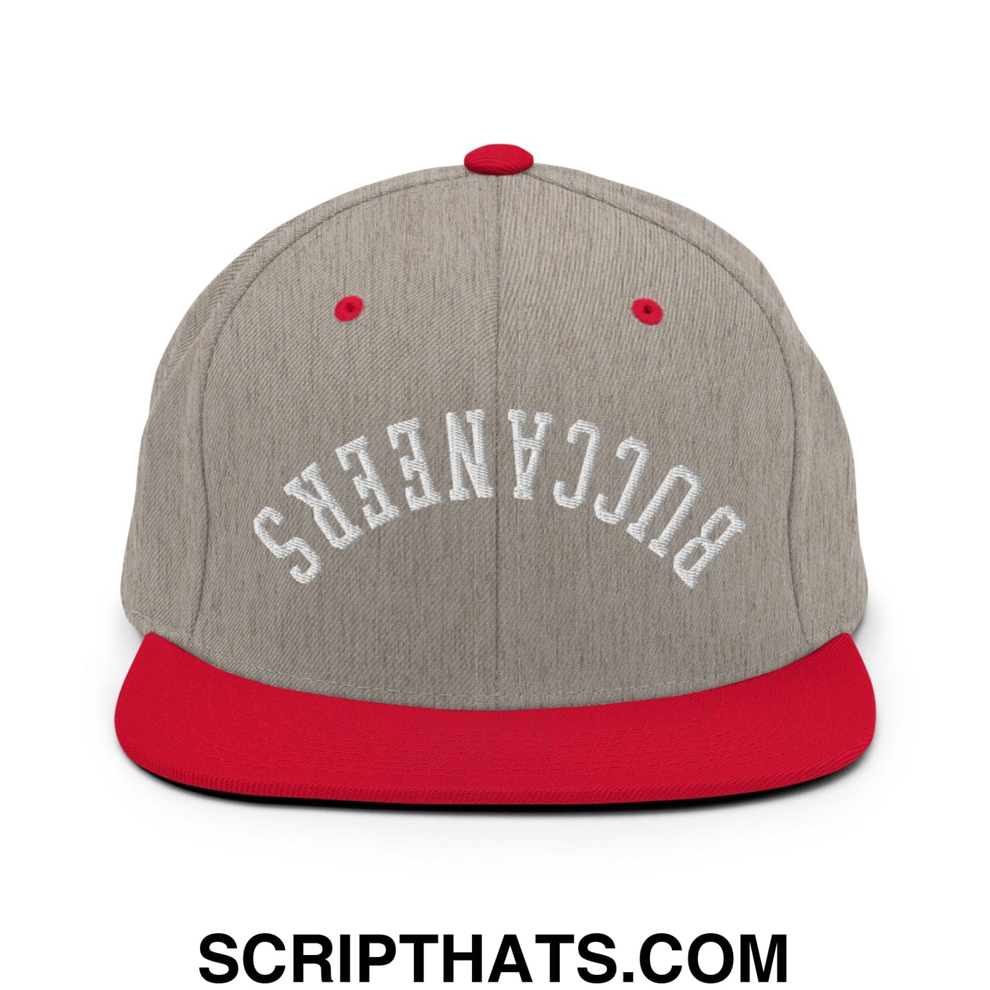 Gray and red snapback cap with buccaneers embroidered in white arched lettering on a flat bill brim
