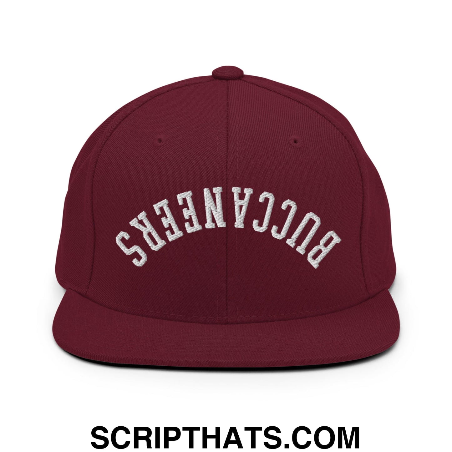 Maroon snapback cap with white embroidered upside down buccaneers arch design and flat bill brim