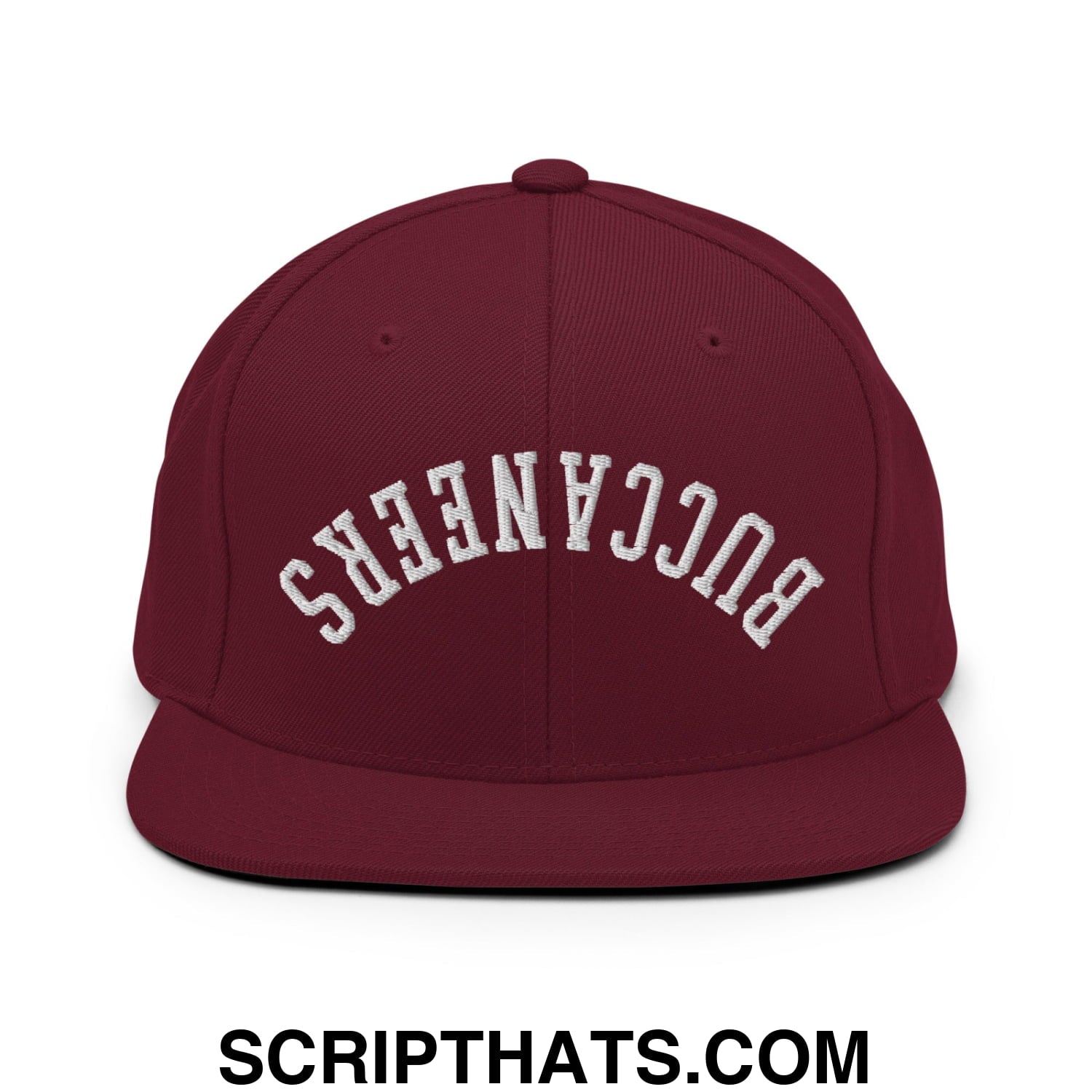 Maroon snapback cap with white embroidered upside down buccaneers arch design and flat bill brim