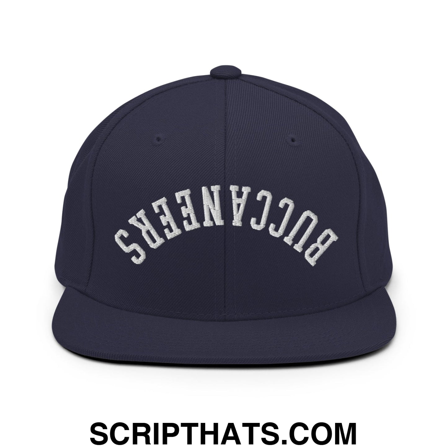 Navy blue snapback hat with white embroidered buccaneers lettering and flat bill brim for casual wear