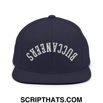 Navy blue snapback hat with white embroidered buccaneers lettering and flat bill brim for casual wear