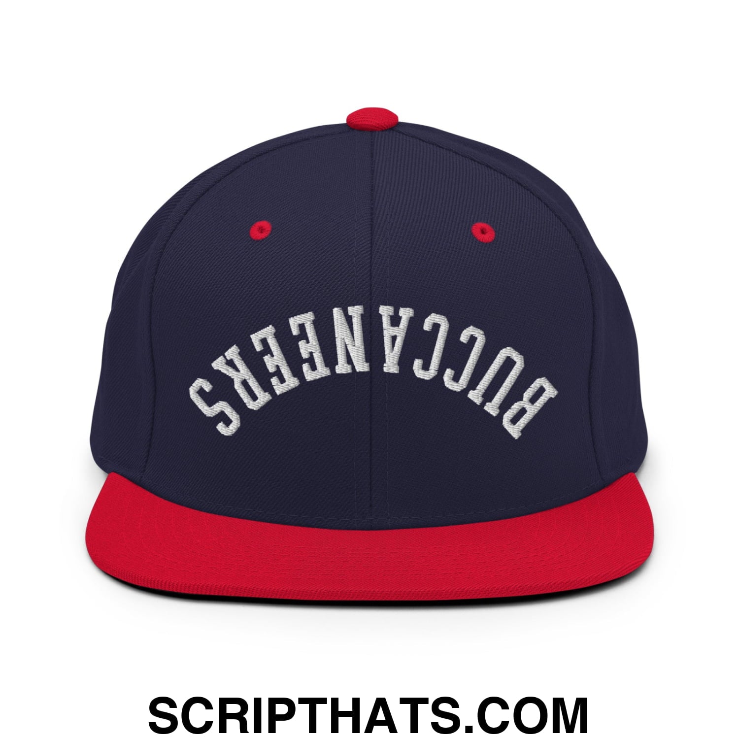 Navy blue and red snapback cap with white embroidered Buccaneers lettering and flat bill brim for casual wear