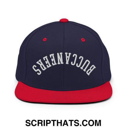 Navy blue and red snapback cap with white embroidered Buccaneers lettering and flat bill brim for casual wear