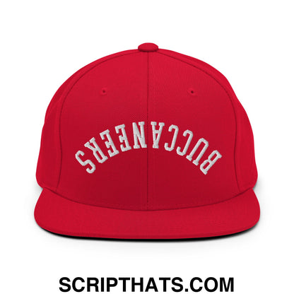 Red snapback cap with white embroidered buccaneers lettering featuring a flat bill brim and adjustable back closure