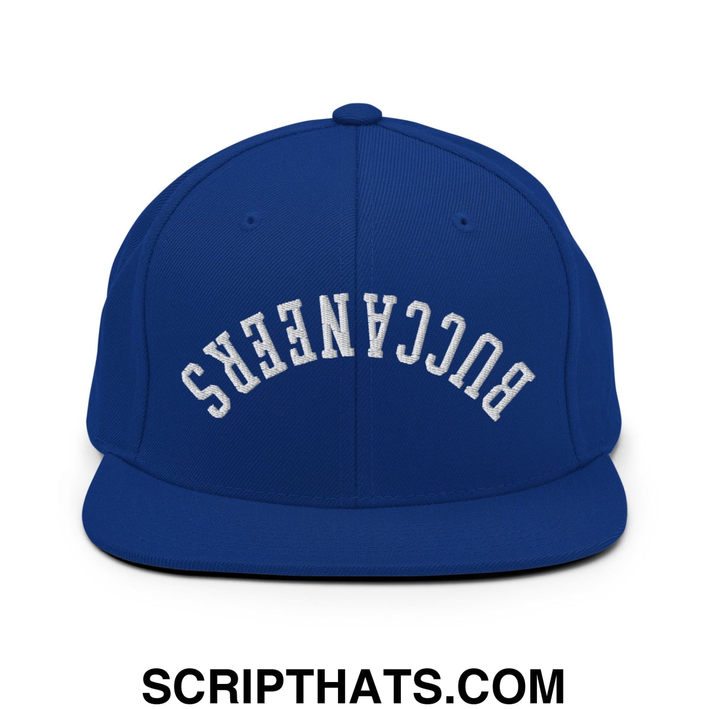 Royal blue snapback hat with white embroidered buccaneers lettering in an arched design and flat bill brim