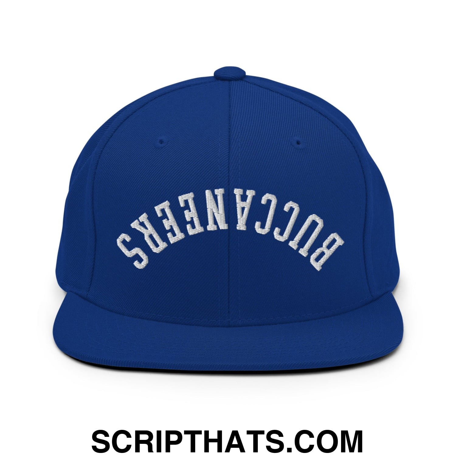 Royal blue snapback hat with white embroidered buccaneers lettering in an arched design and flat bill brim