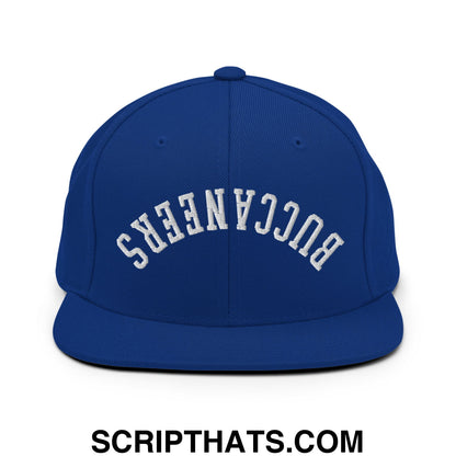 Royal blue snapback hat with white embroidered buccaneers lettering in an arched design and flat bill brim