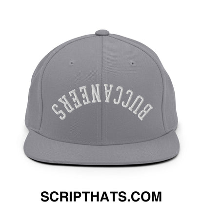 Gray snapback cap with white embroidered buccaneers lettering and flat bill brim in an arched design