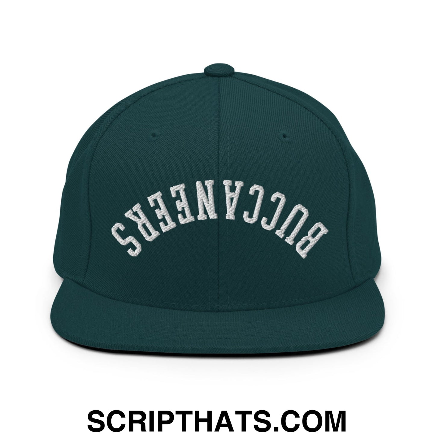 Dark green snapback hat with white embroidered buccaneers lettering and a flat bill brim design