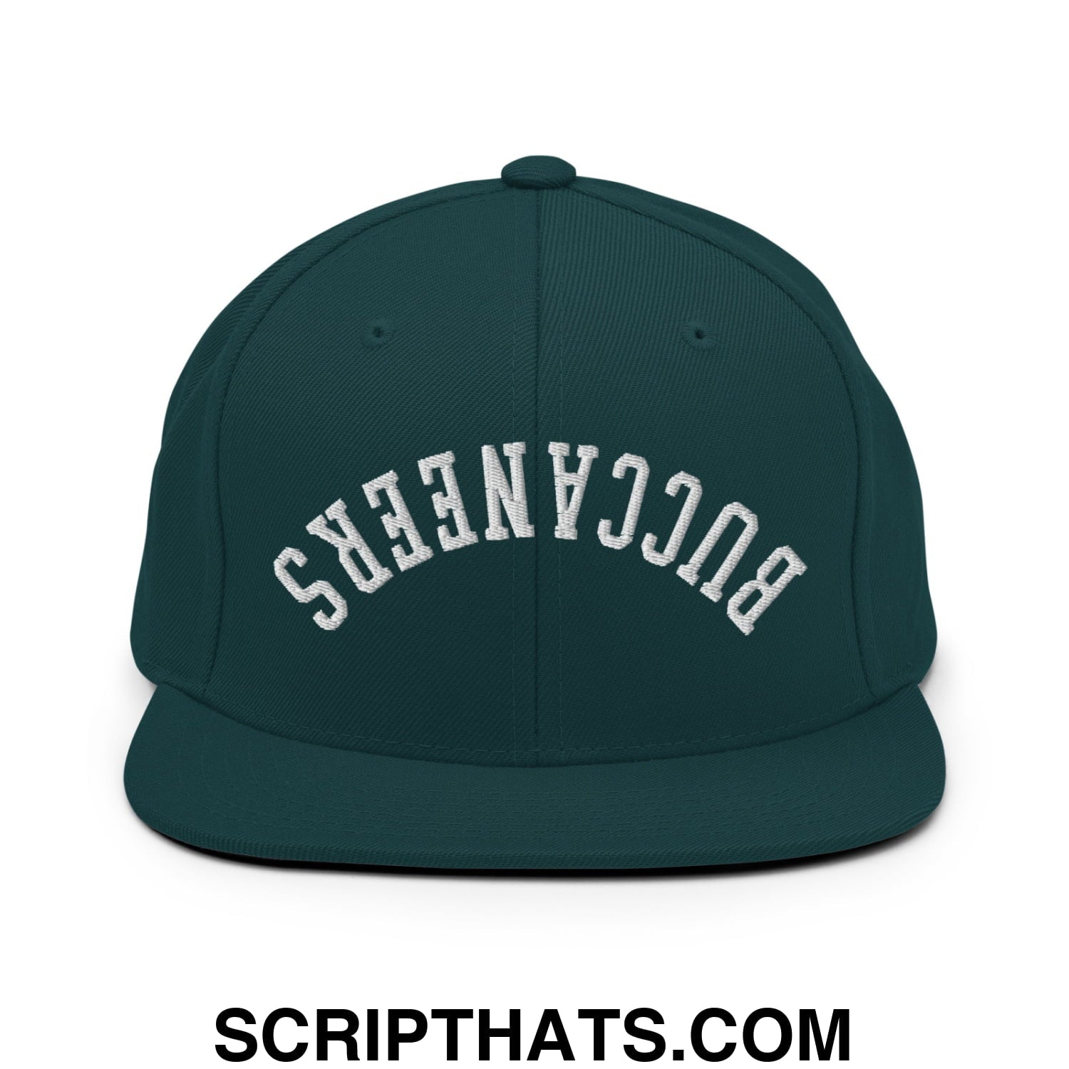 Dark green snapback hat with white embroidered buccaneers lettering and a flat bill brim design