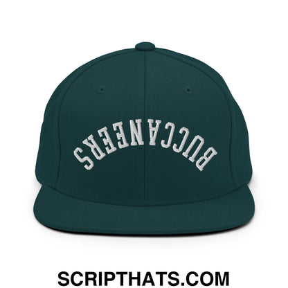 Dark green snapback hat with white embroidered buccaneers lettering and a flat bill brim design