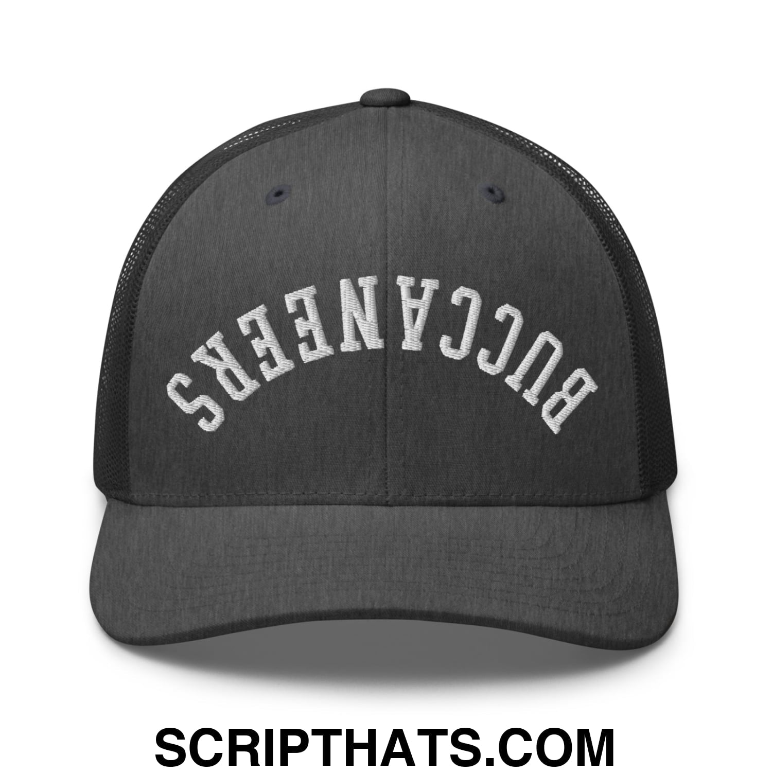 Upside Down Buccaneers Embroidered Mesh Trucker Hat Dark Heather Gray