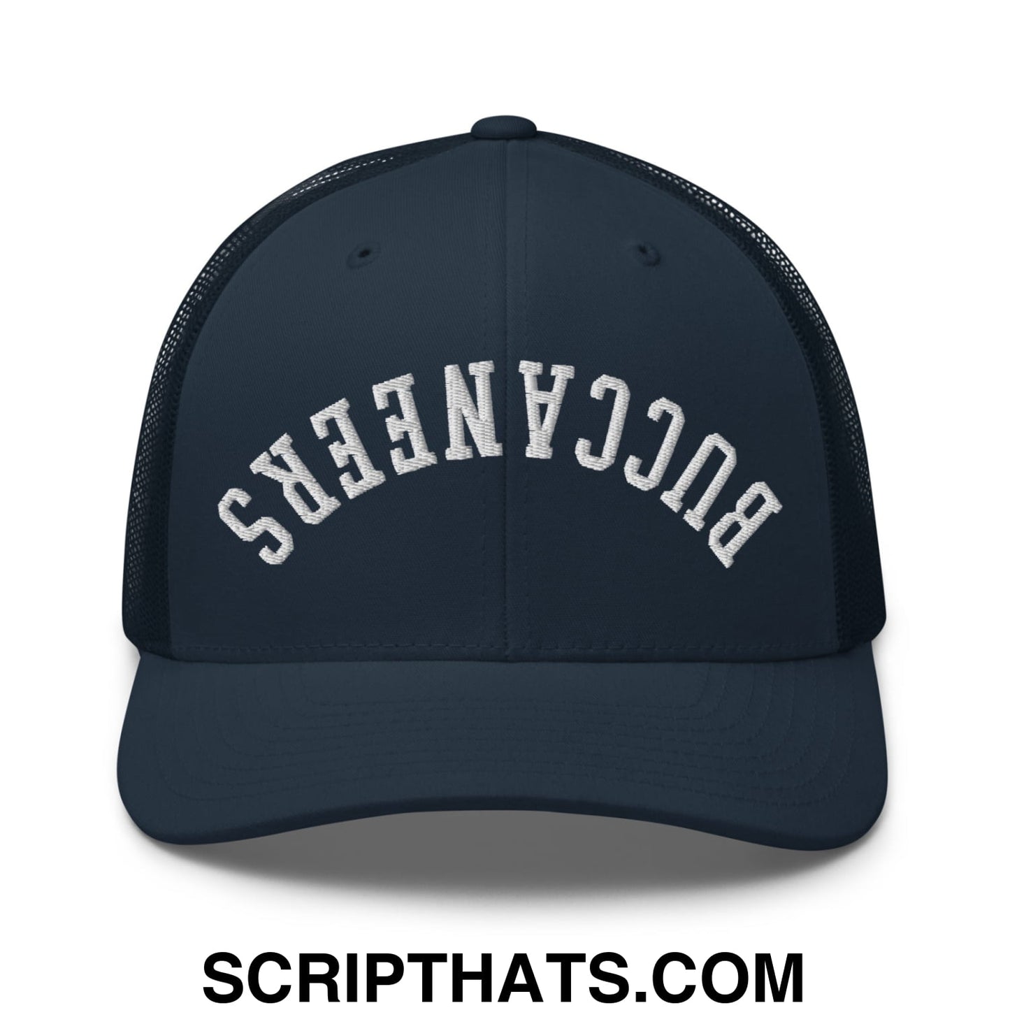 Upside Down Buccaneers Embroidered Mesh Trucker Hat Navy