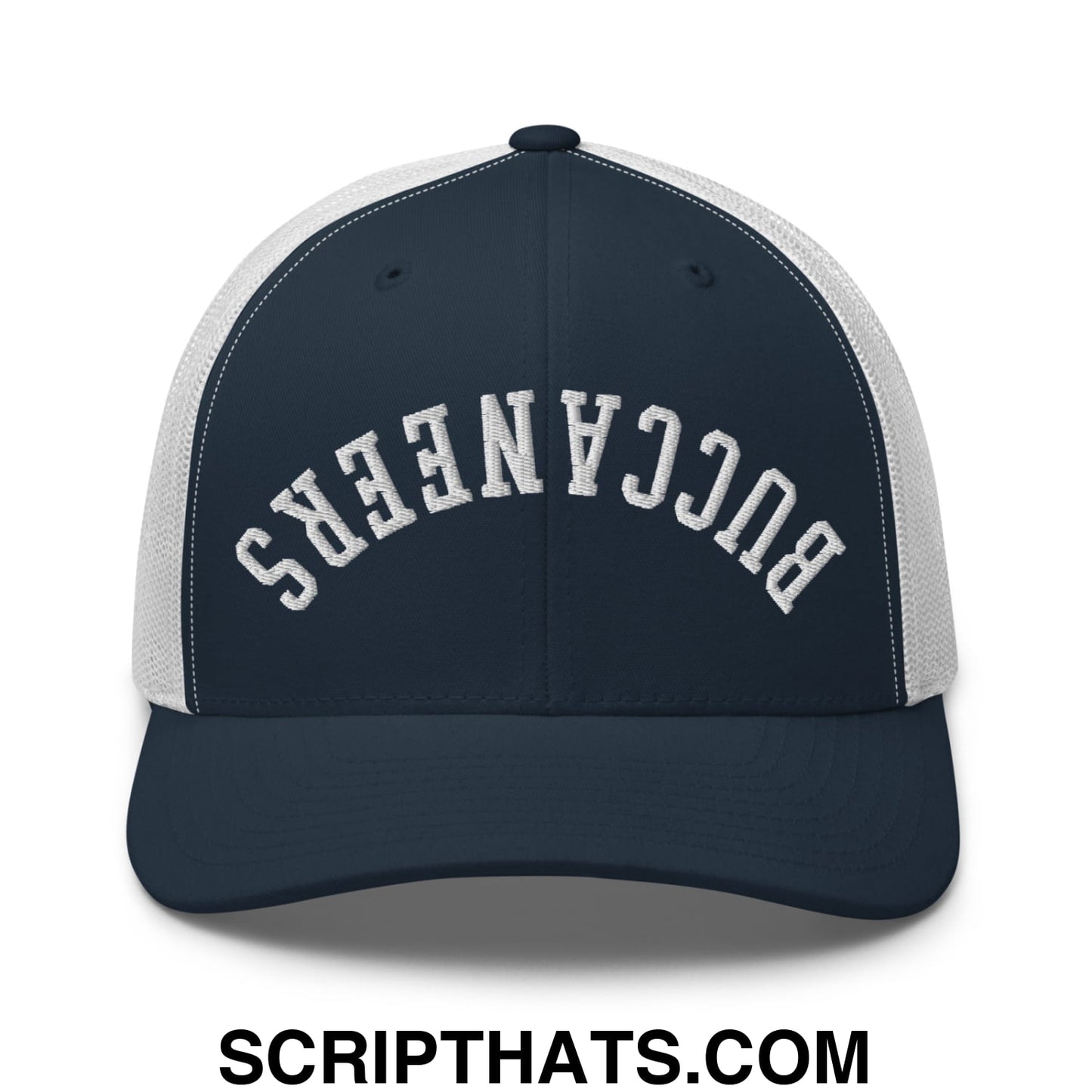 Upside Down Buccaneers Embroidered Mesh Trucker Hat Navy White