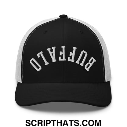 Upside Down Buffalo Embroidered Mesh Trucker Hat Black White