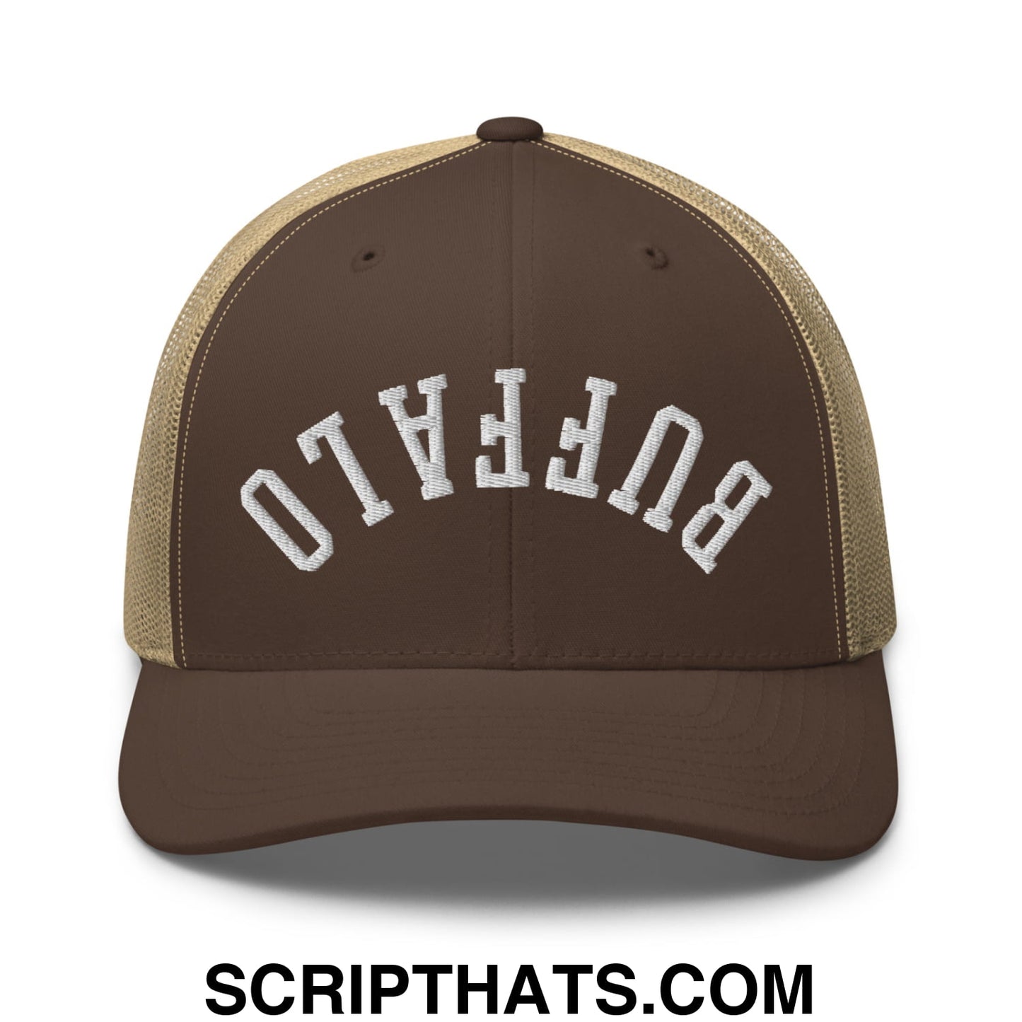 Upside Down Buffalo Embroidered Mesh Trucker Hat Brown Khaki
