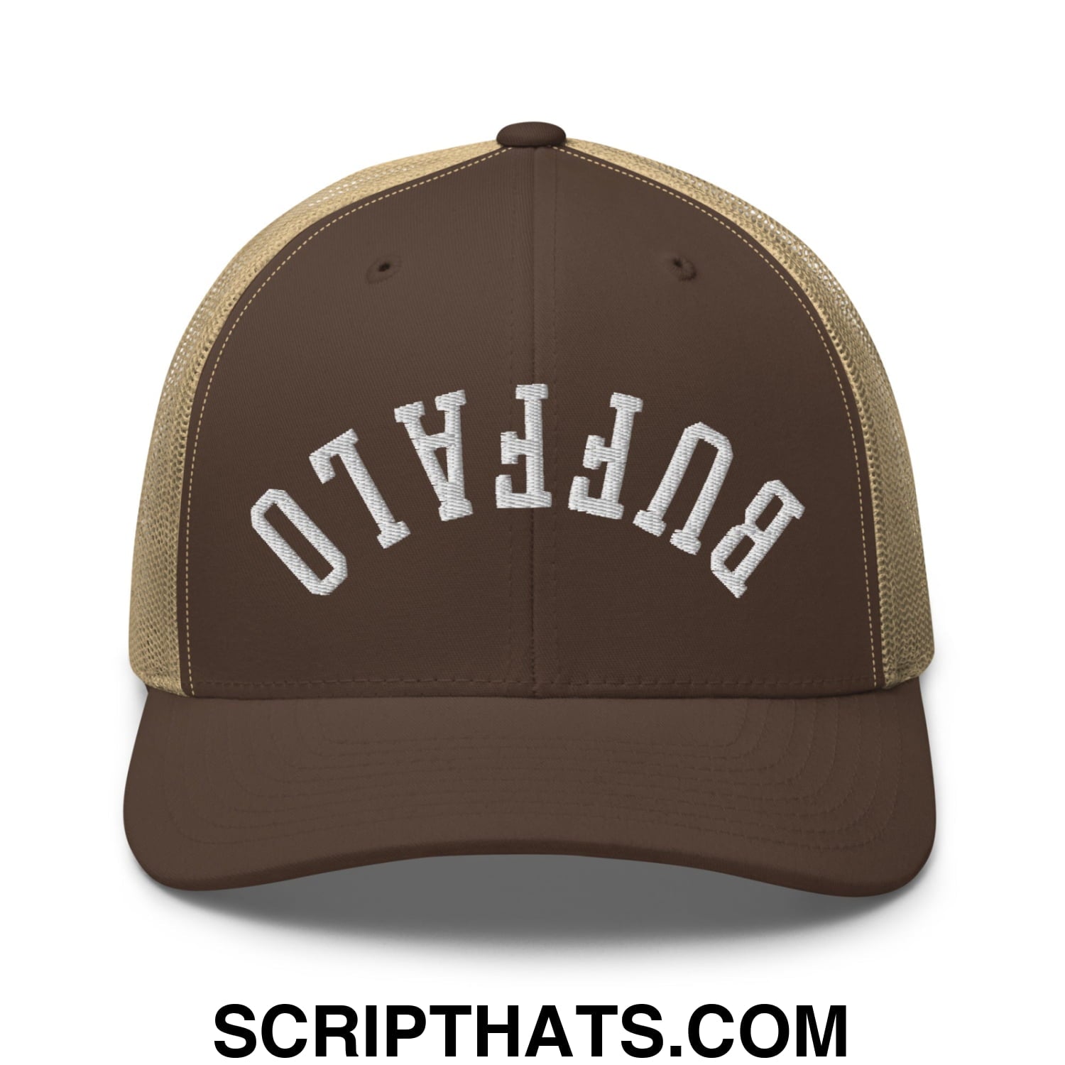 Upside Down Buffalo Embroidered Mesh Trucker Hat Brown Khaki