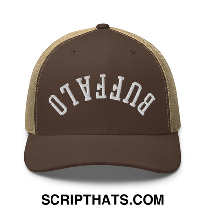 Upside Down Buffalo Embroidered Mesh Trucker Hat Brown Khaki