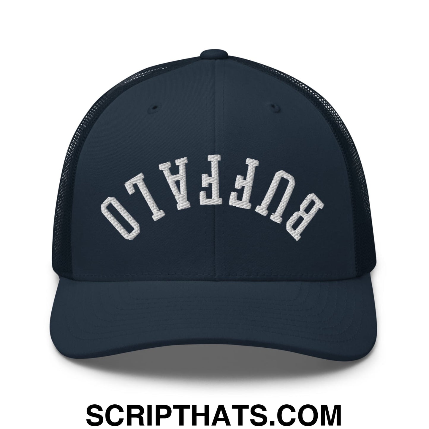 Upside Down Buffalo Embroidered Mesh Trucker Hat Navy
