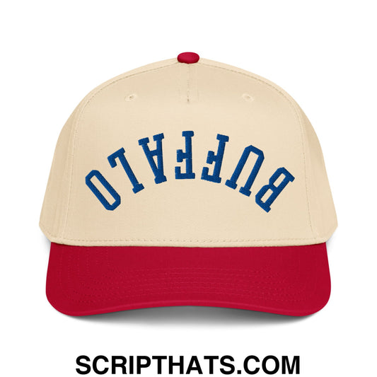 Beige and red baseball snapback hat with upside down buffalo football embroidered in blue arched lettering