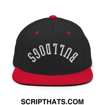 Black and red snapback hat with white embroidered bulldogs lettering and flat bill brim for casual wear