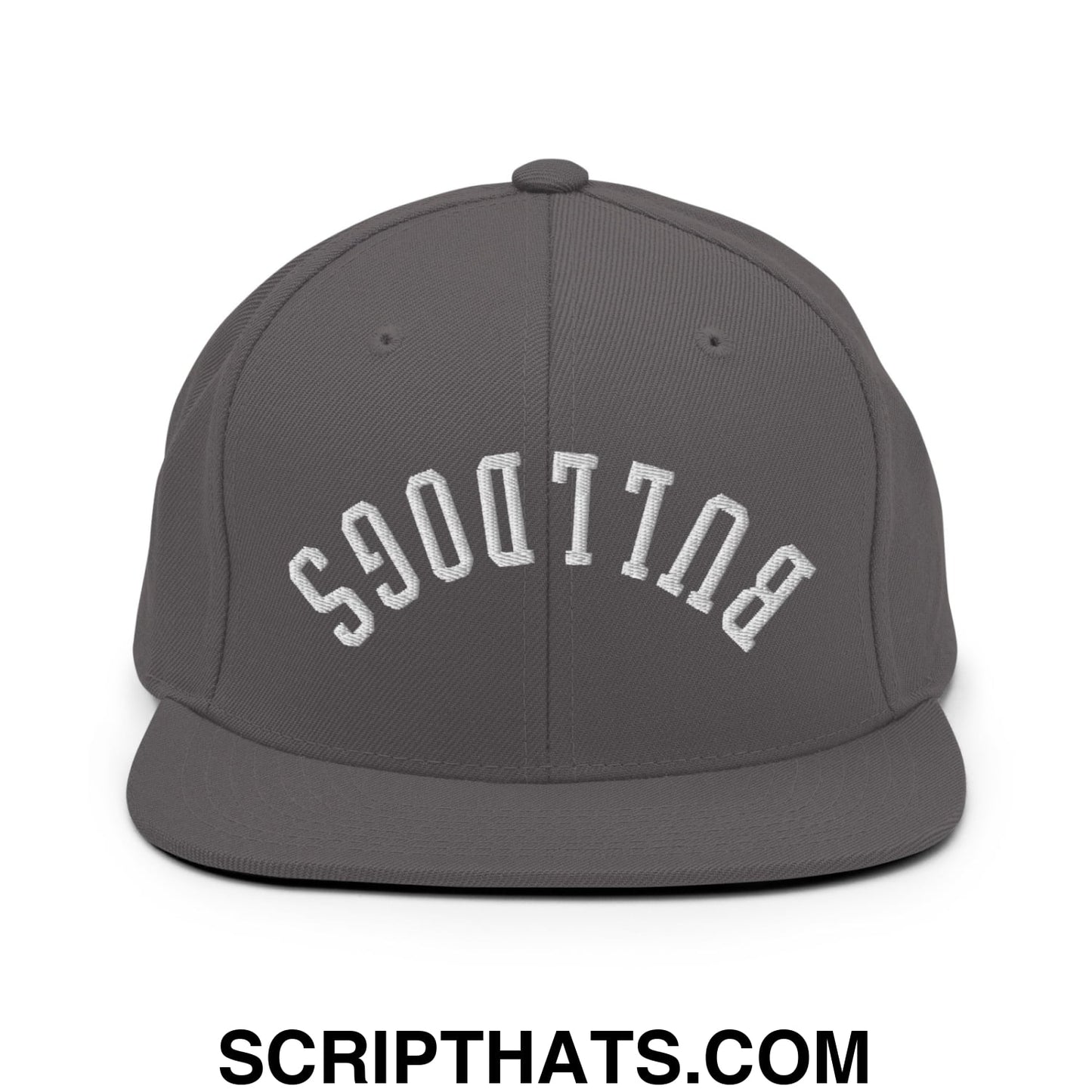 Gray snapback hat with white embroidered bulldogs arch design and flat bill brim in upside down style