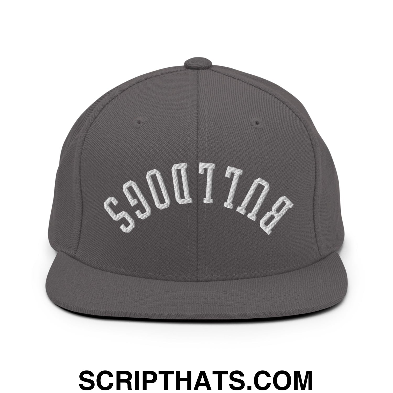 Gray snapback hat with white embroidered bulldogs arch design and flat bill brim in upside down style