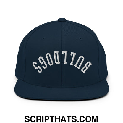 Navy blue snapback hat with white arched bulldogs embroidery and flat bill brim for casual wear
