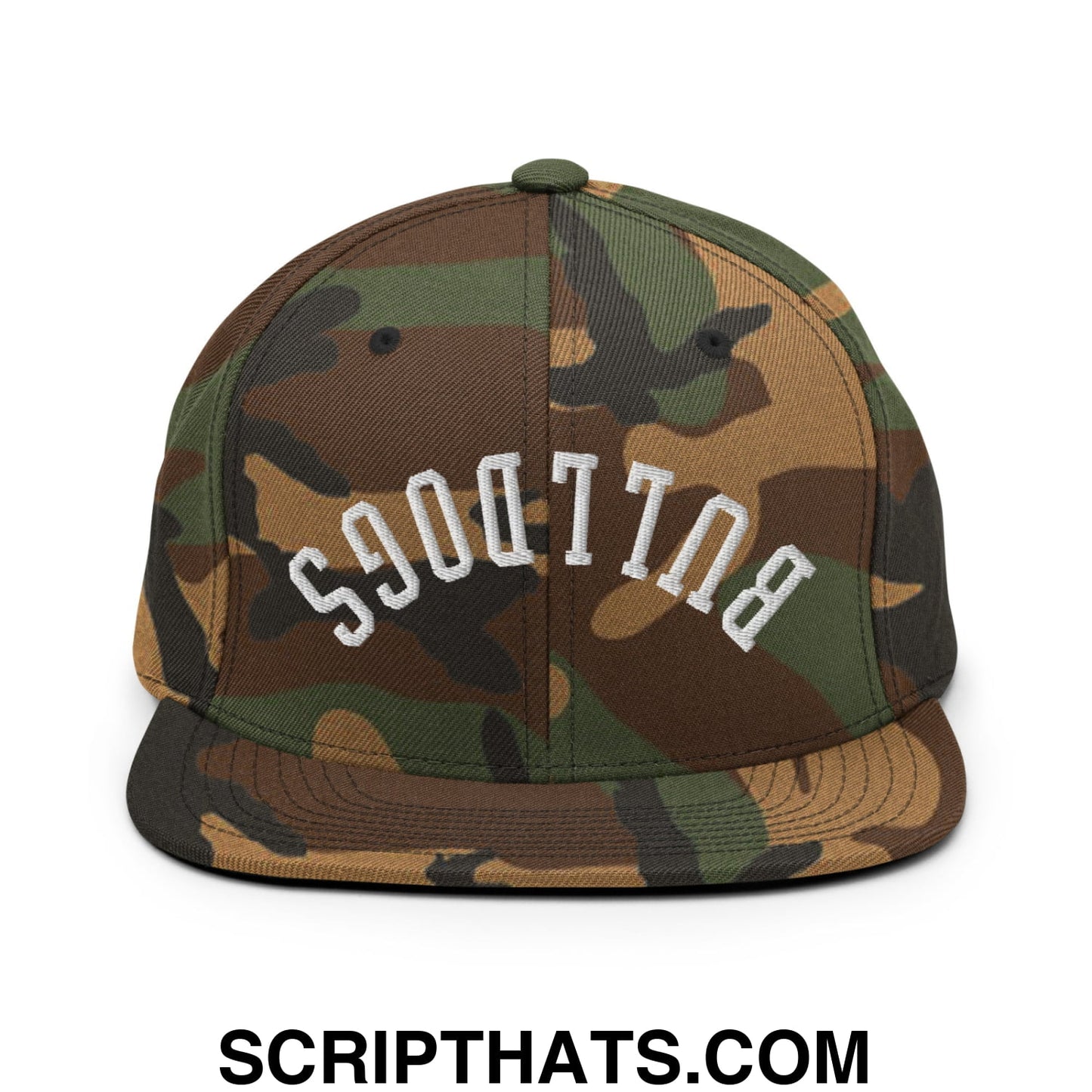 Camouflage-patterned snapback hat with white bulldogs embroidered in arched lettering on flat bill brim