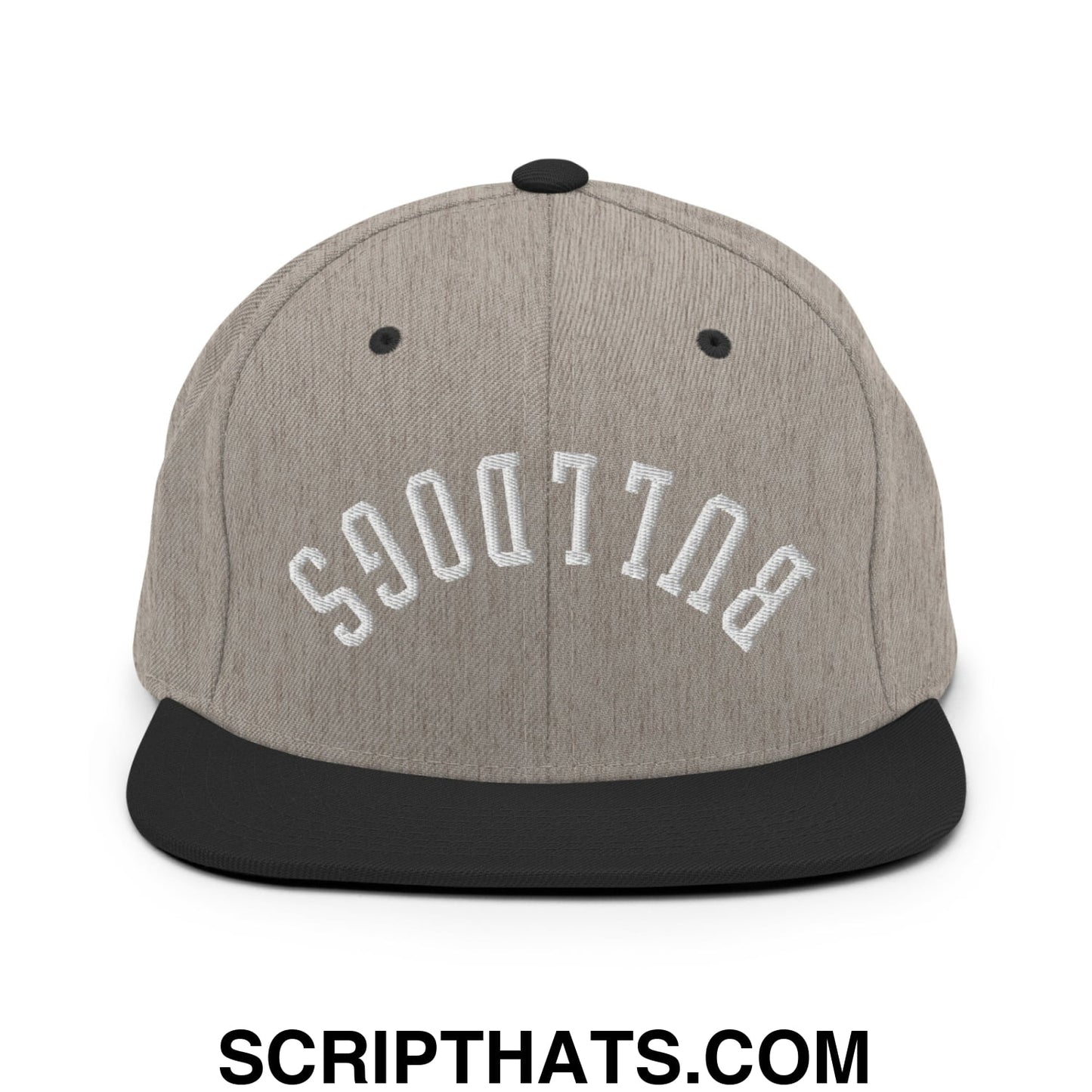 Gray and black snapback hat with bulldogs embroidered in white arched lettering on a flat bill brim