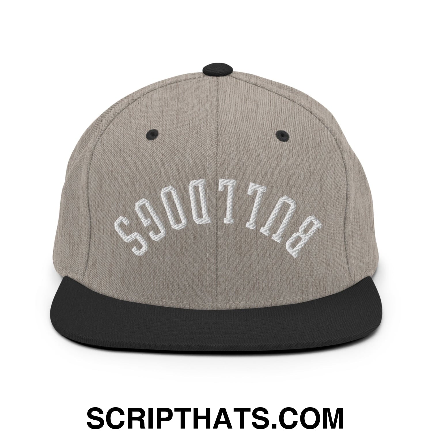 Gray and black snapback hat with bulldogs embroidered in white arched lettering on a flat bill brim