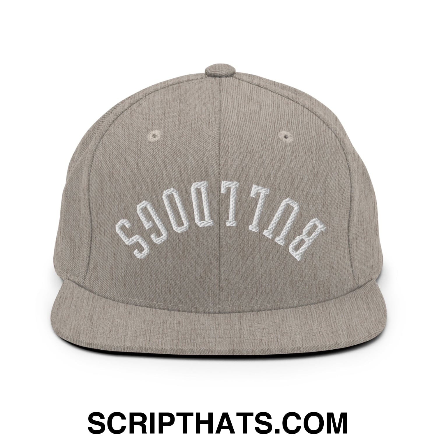 Gray heather snapback cap with white embroidered bulldogs arch and flat bill brim, upside down design