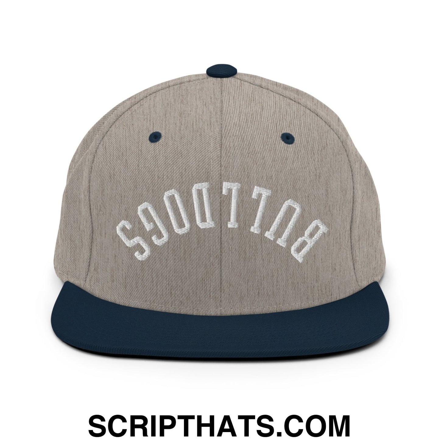 Gray and navy blue snapback cap with white embroidered bulldogs in arched lettering flat bill brim design