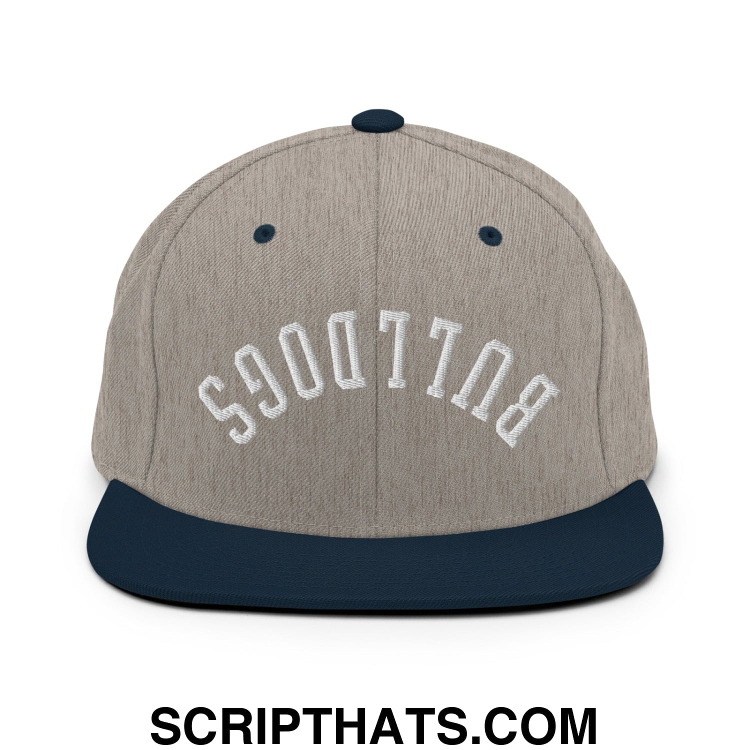 Gray and navy blue snapback cap with white embroidered bulldogs in arched lettering flat bill brim design