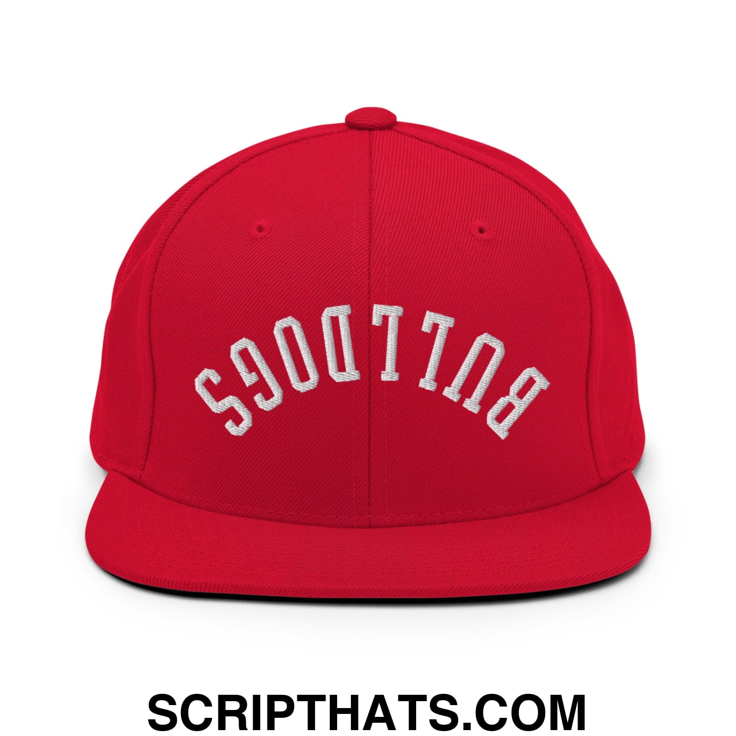 Red snapback cap with white embroidered Bulldogs lettering in an arched design and flat bill brim