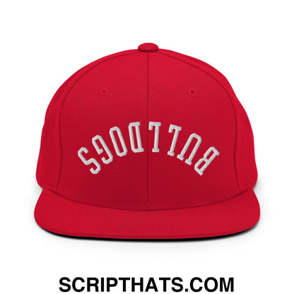 Red snapback cap with white embroidered Bulldogs lettering in an arched design and flat bill brim