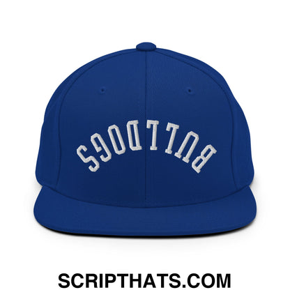 Royal blue snapback hat with white arched bulldogs embroidery and flat bill brim for casual wear