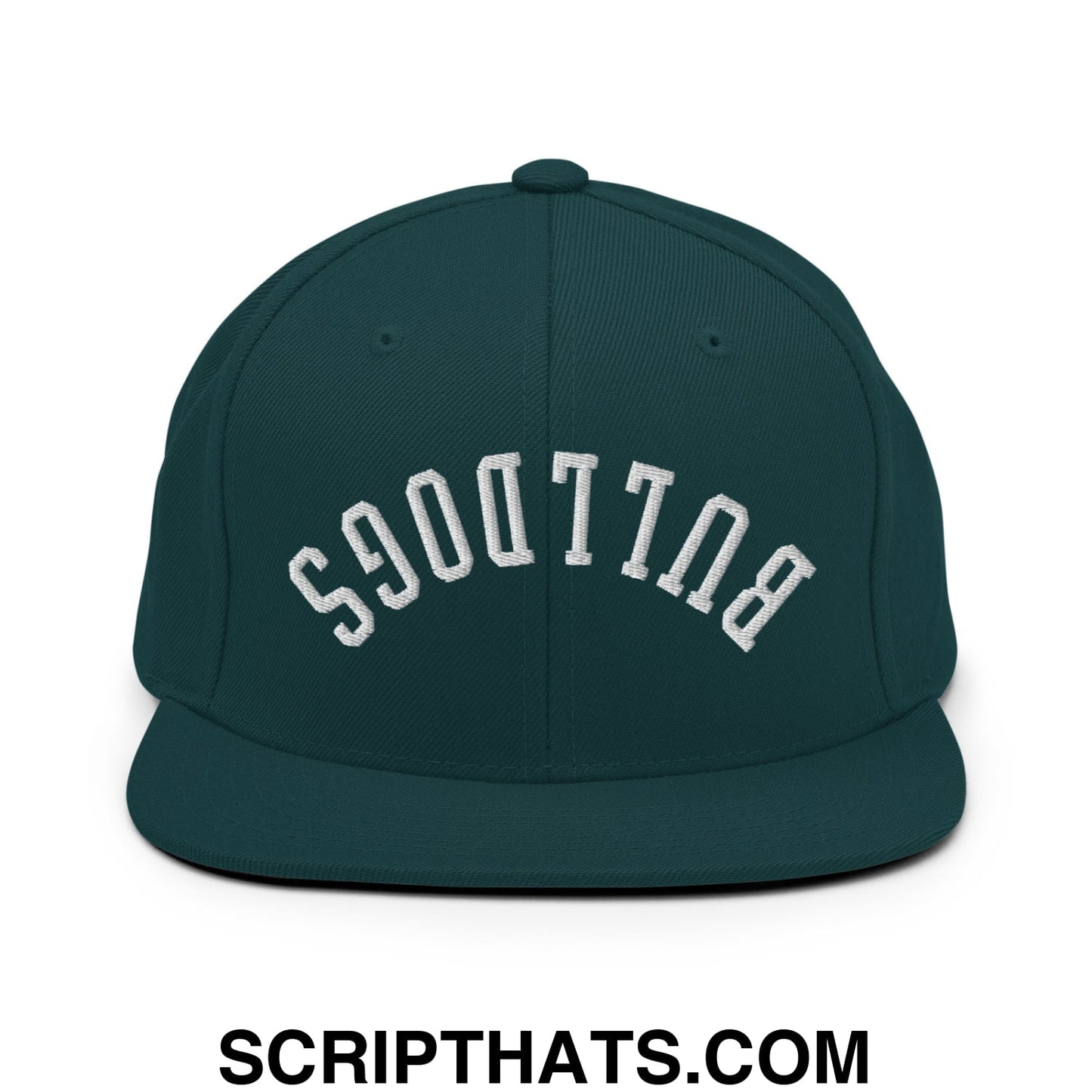 Dark green snapback cap with white embroidered Bulldogs lettering in an arched design and flat bill brim