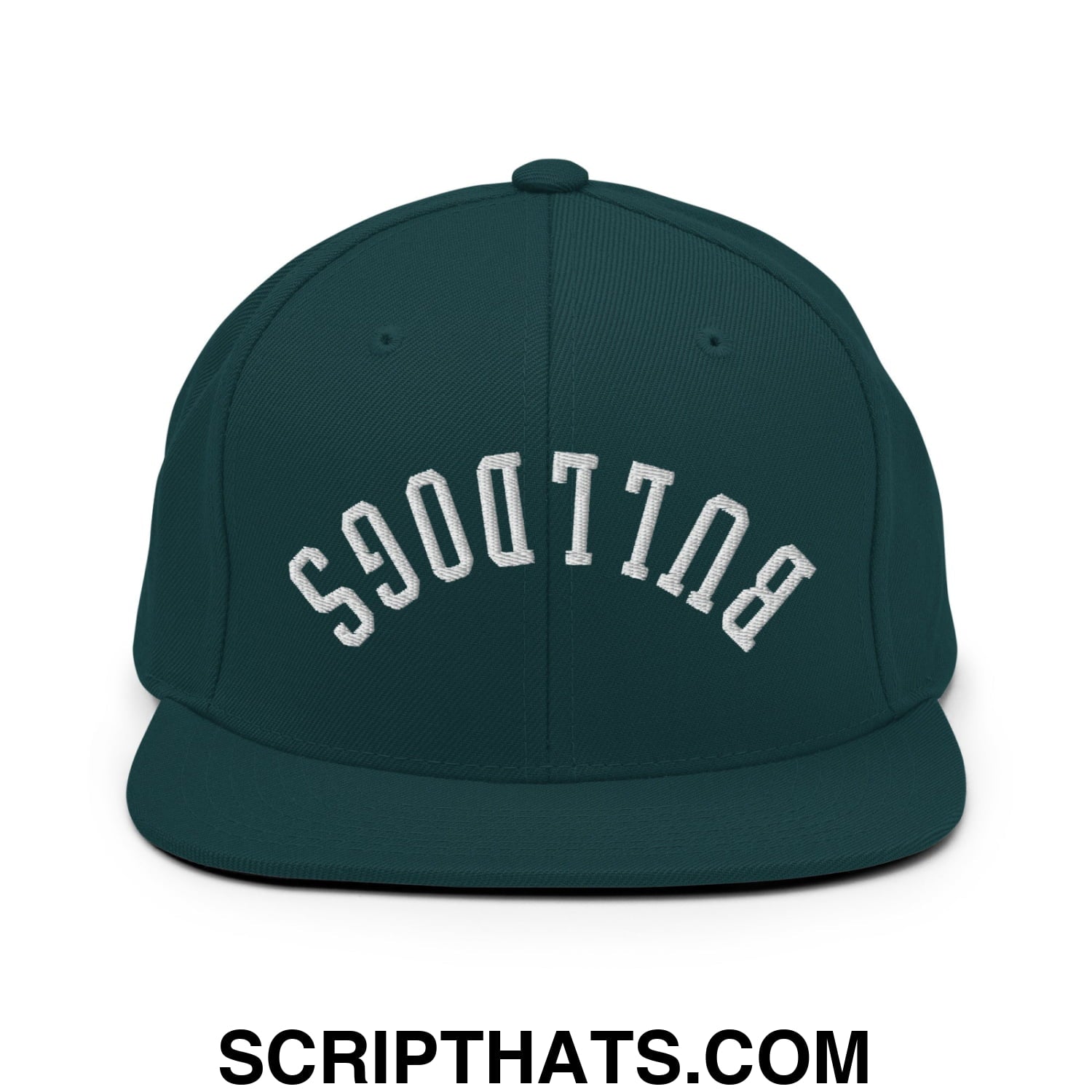 Dark green snapback cap with white embroidered Bulldogs lettering in an arched design and flat bill brim
