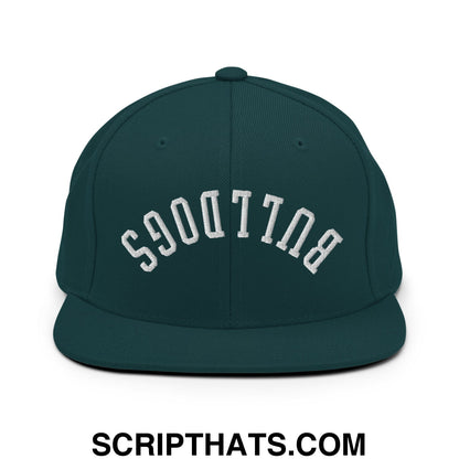 Dark green snapback cap with white embroidered Bulldogs lettering in an arched design and flat bill brim