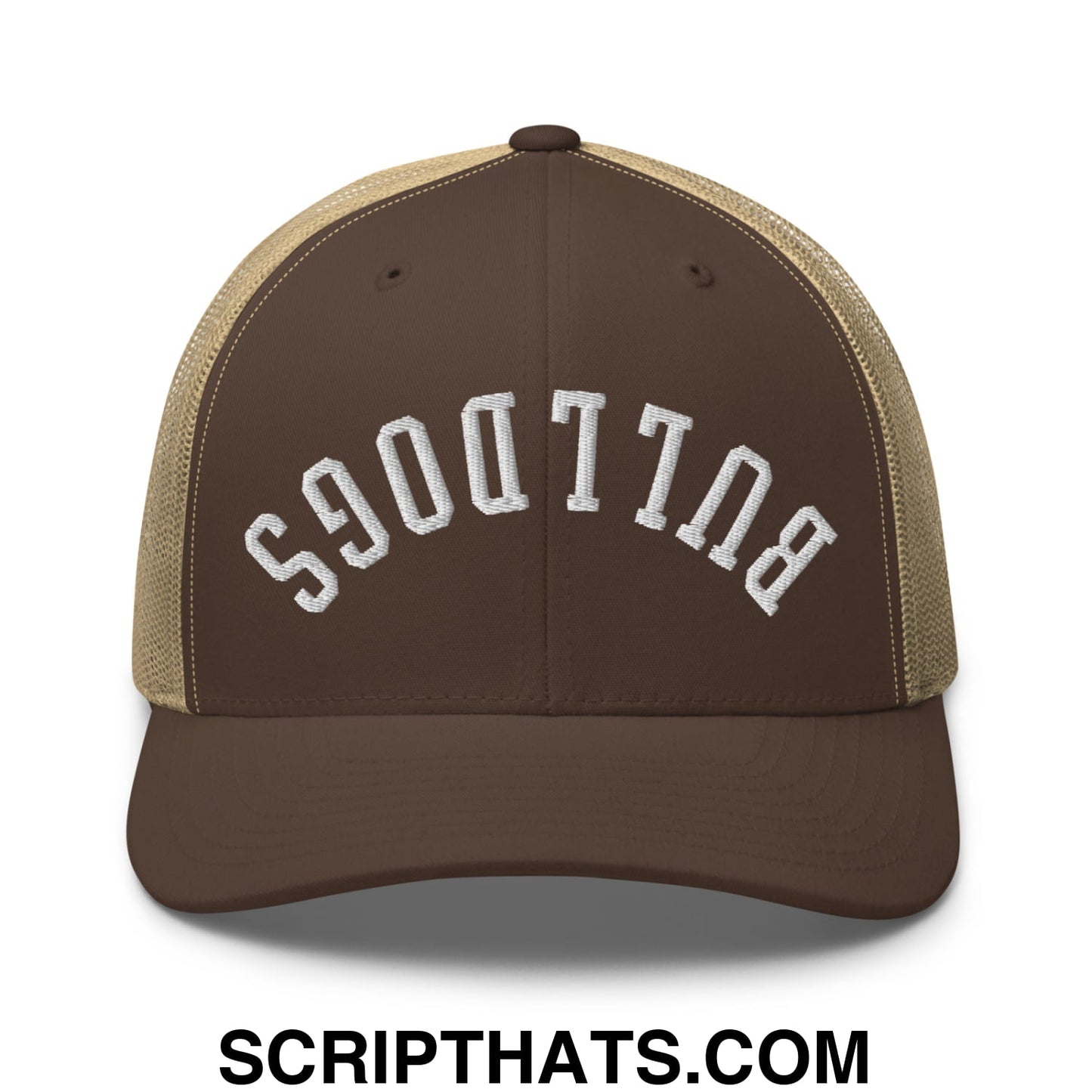 Upside Down Bulldogs Embroidered Mesh Trucker Hat Brown Khaki