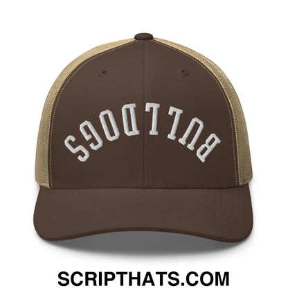 Upside Down Bulldogs Embroidered Mesh Trucker Hat Brown Khaki