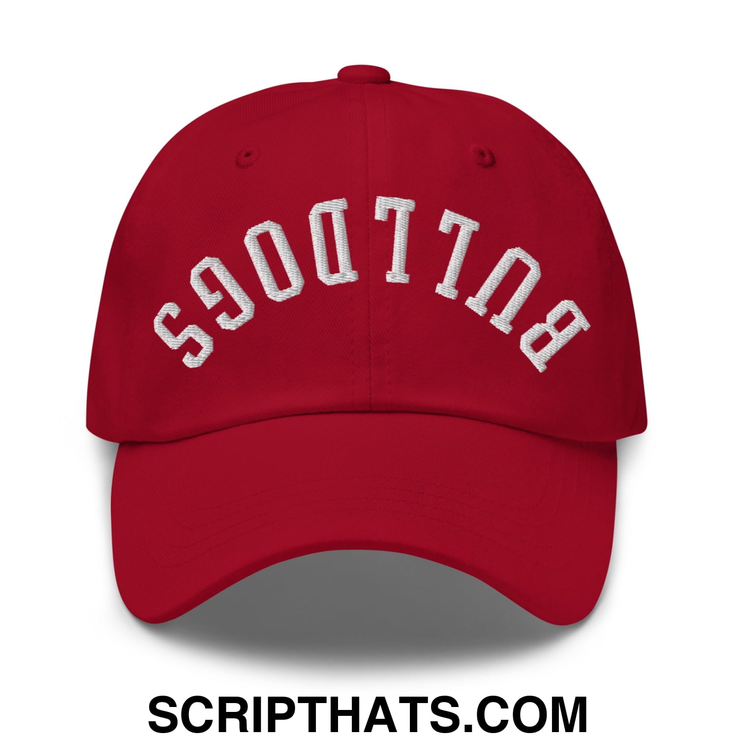 Red unstructured dad hat with white embroidered bulldogs arch on front, perfect for casual wear